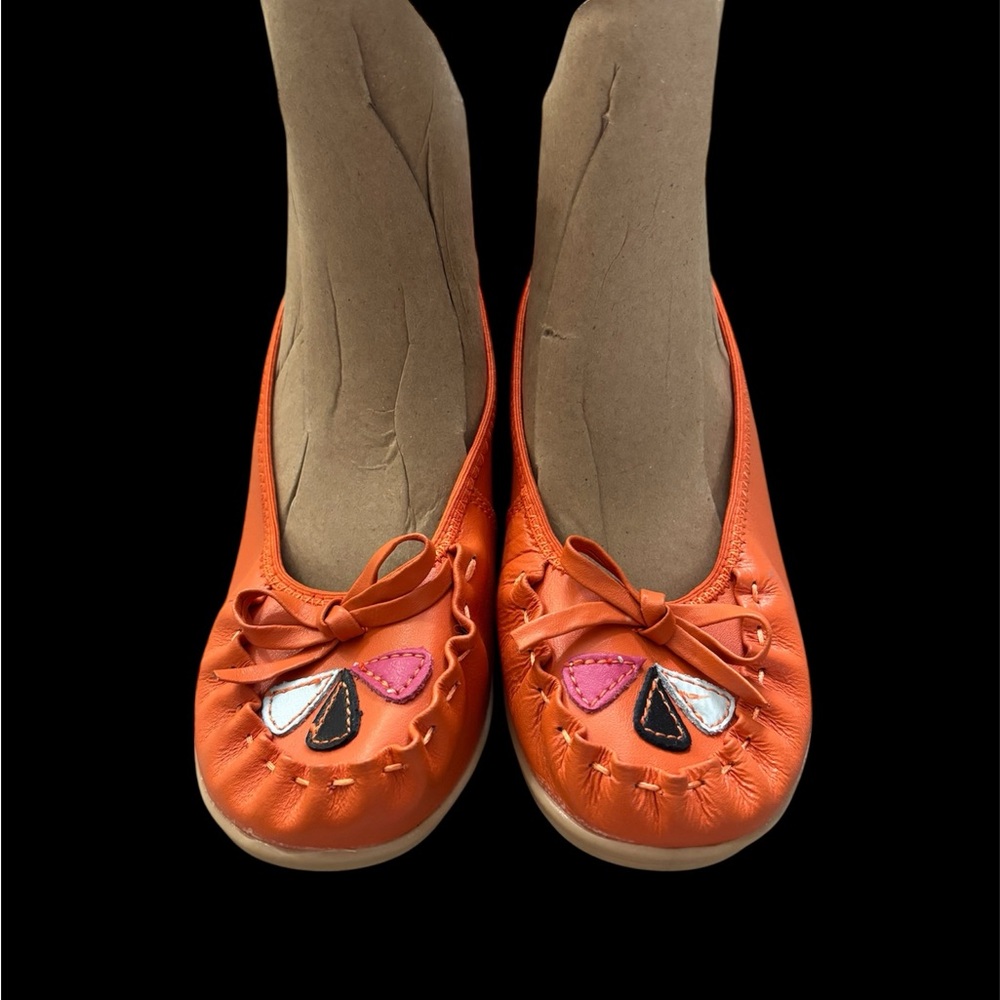 Women's Orange Leather Ballet Flats with Decorative Petal Appliqué